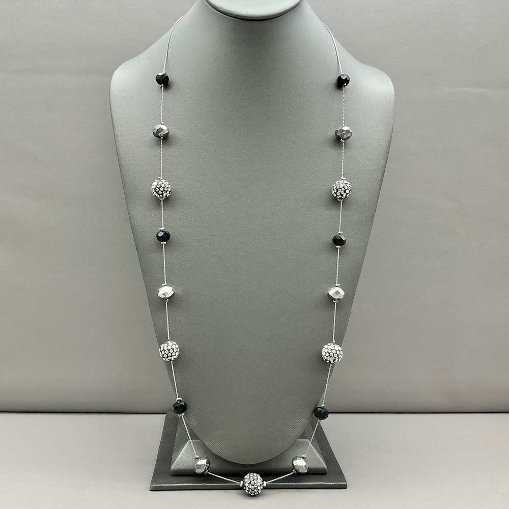 Jules B Necklace Womens Silver Tone Black Beaded Pave Crystal Long Chain 30 Inch